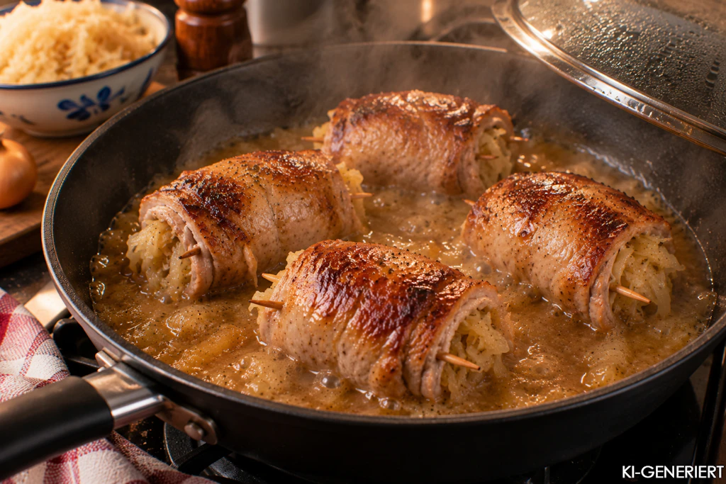 Die Sauerkrautrouladen müssen in einer Pfanne schmoren, damit das Fleisch butterzart wird.
