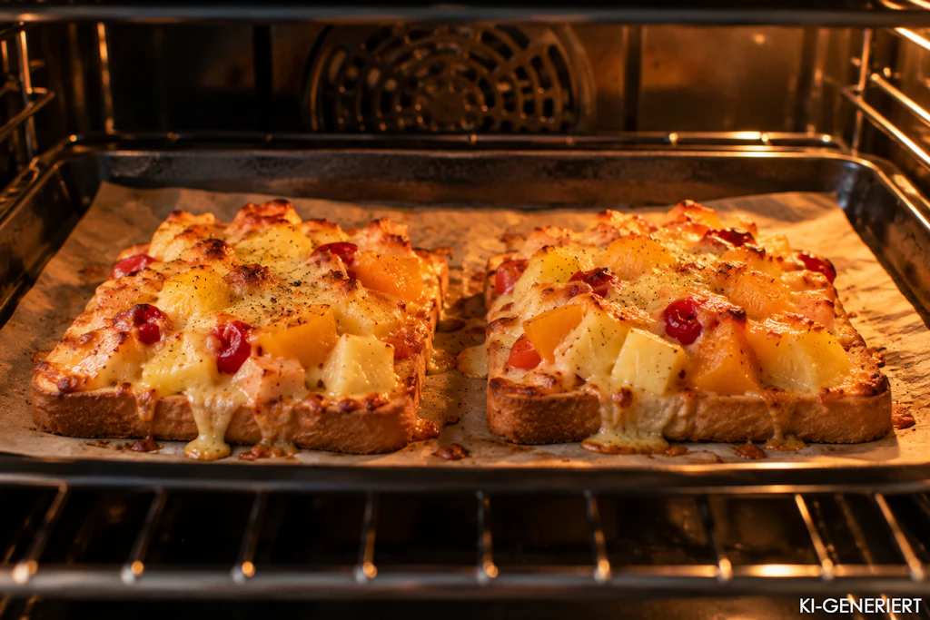 Die Südseetoasts werden im Ofen knusprig gebacken.  Die Früchte verleihen den überbackenen Schnitten eine ganz besondere Textur.