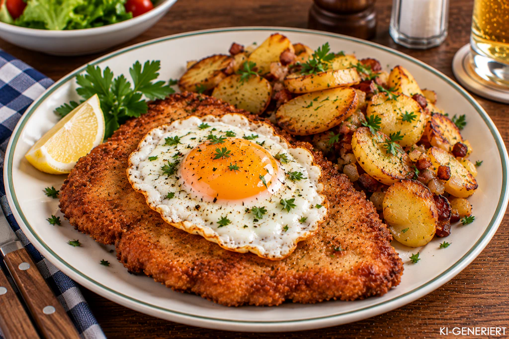 So wird Holsteiner Schnitzel oft serviert: Schnitzel mit einem Spiegelei und Bratkartoffeln. Der Fisch wird in modernen Versionen des Gerichts häufig weggelassen.