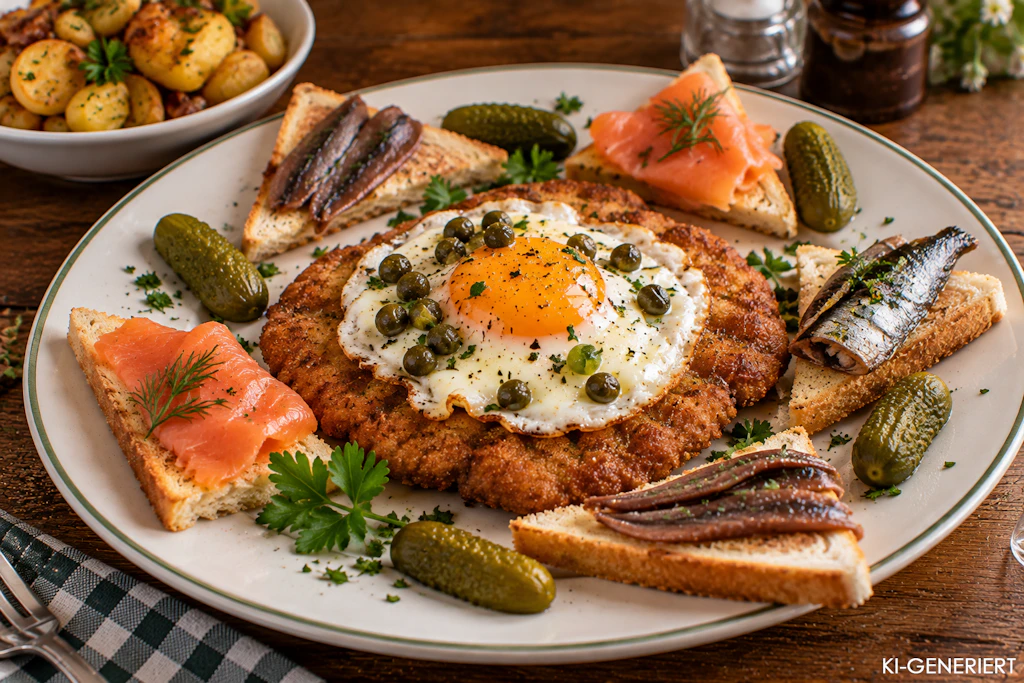 Holsteiner Schnitzel im Original: Zum Schnitzel mit Spiegelei gibt es Schnittchen, die mit unterschiedlichem Fisch belegt werden. Die meisten kennen es einfach nur als Schnitzel mit Spiegelei und Bratkartoffeln.