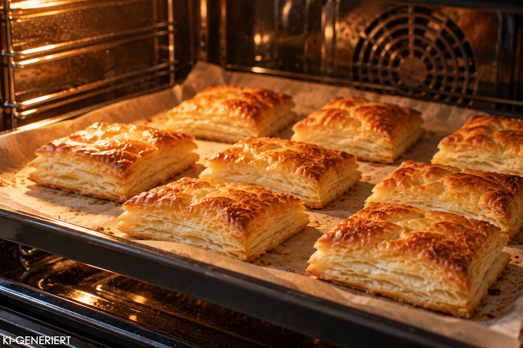 Für die Monikaschnitten wird der Blätterteig zunächst im Ofen gebacken, anschließend müssen die einzelnen Vierecke abkühlen. Erst dann werden sie gefüllt.