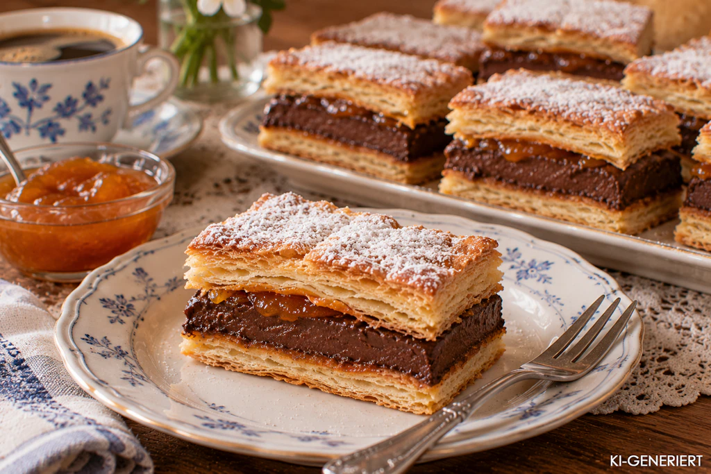 Rezept für Monikaschnitten: Knuspriger Blätterteig mit Omas Schokofüllung