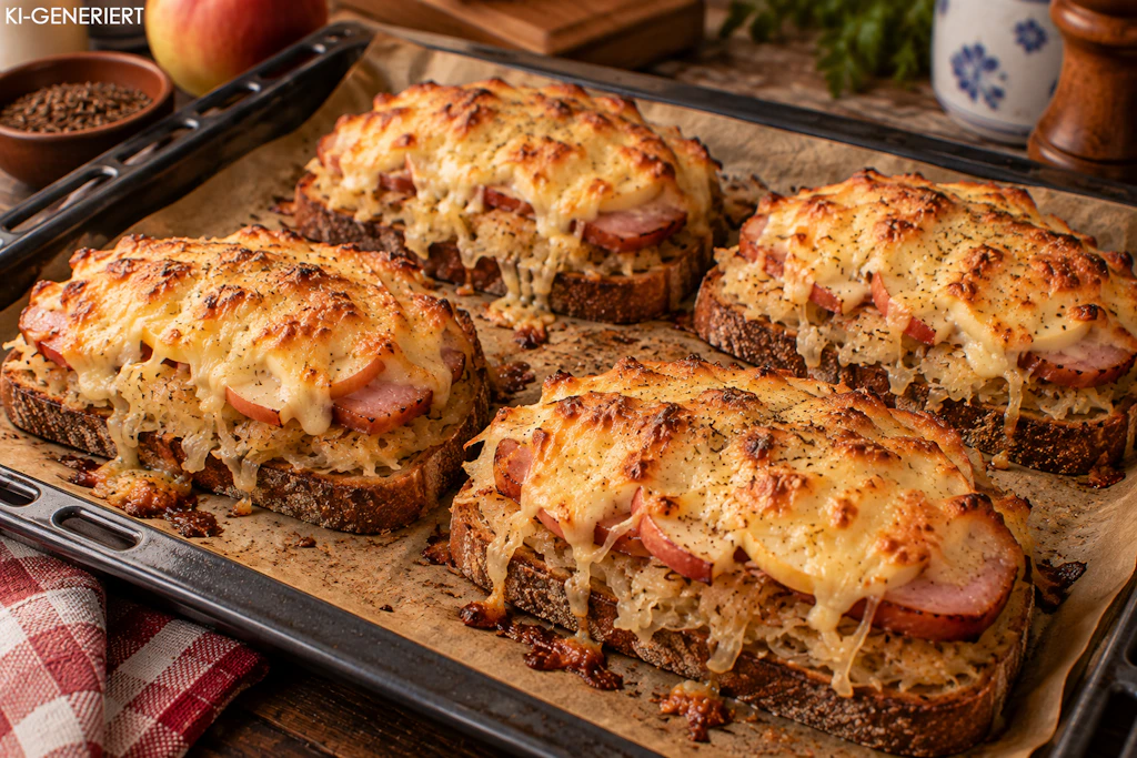 Rezept für Kassler-Sauerkraut-Schnitten: Ofenbrot mit zerlaufenem Käsedeckel