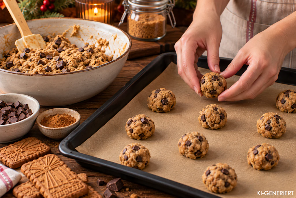 Die Keks-Bällchen werden mit etwas Abstand auf ein Backblech gesetzt, dann leicht flachgedrückt und dann im vorgeheizten Ofen gebacken. Der Duft wird Sie umhauen!