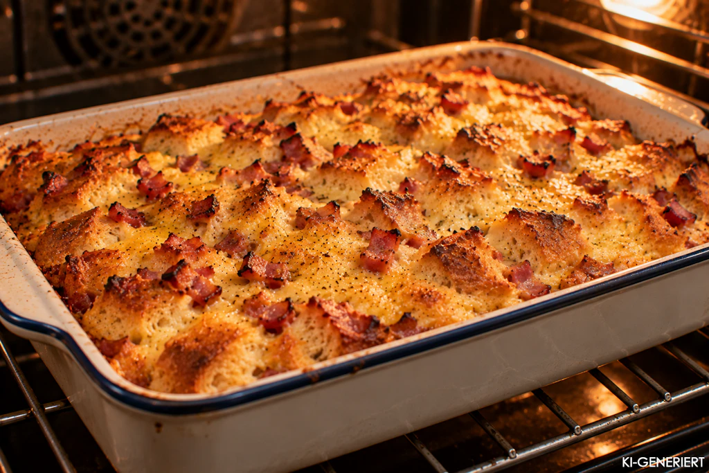 Im Backofen wird der Eierauflauf goldbraun und lecker. Auch in der herzhaften Variante schmeckt er richtig köstlich!