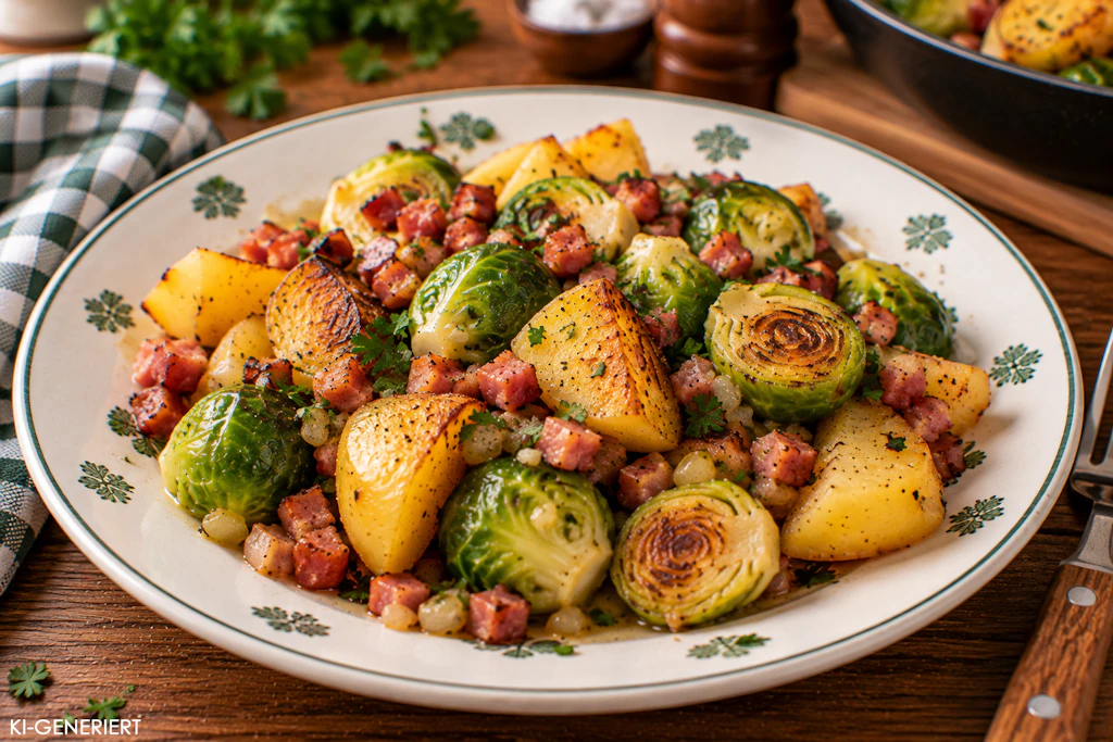 Lecker und deftig im Herbst: Diese Rosenkohl-Kartoffel-Pfanne wird Ihnen garantiert schmecken! Das Rezept sollten Sie sich unbedingt merken.