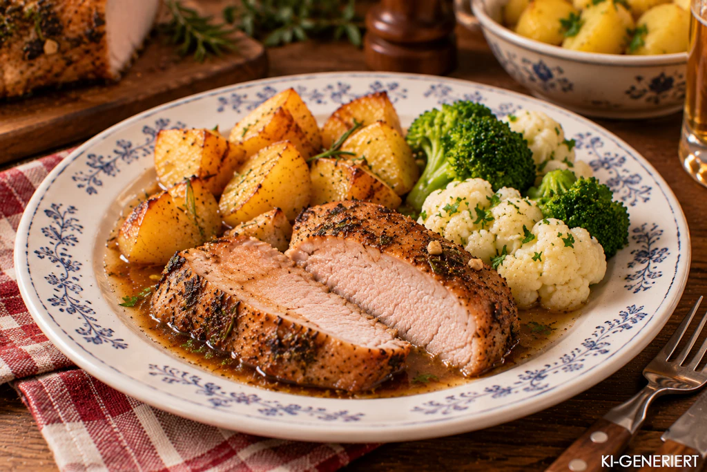 Mit den <a href="https://www.berliner-kurier.de/article/rezept-berliner-kartoffelsuppe-mit-bratwurst-10412913">Kartoffeln aus dem Bräter und einer Gemüsebeilage</a> wird der Schweinebraten Florentiner Art zum perfekten Essen für das Wochenende. Lassen Sie es sich schmecken!