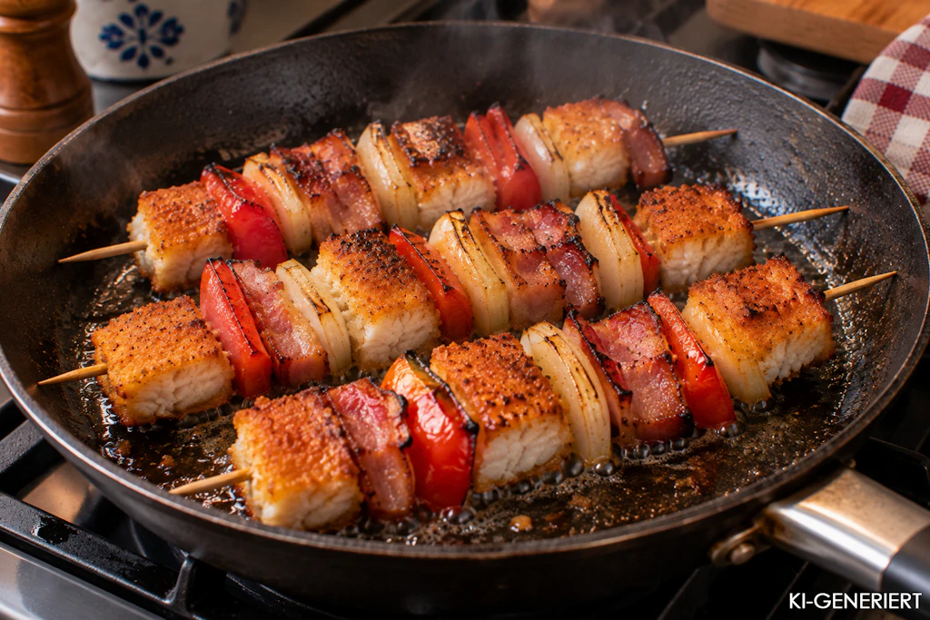 Die fertigen Spieße können Sie in einer Pfanne oder auf dem Grill anbraten. Zum Fischstäbchen-Schaschlik passt übrigens auch Remoulade hervorragend!