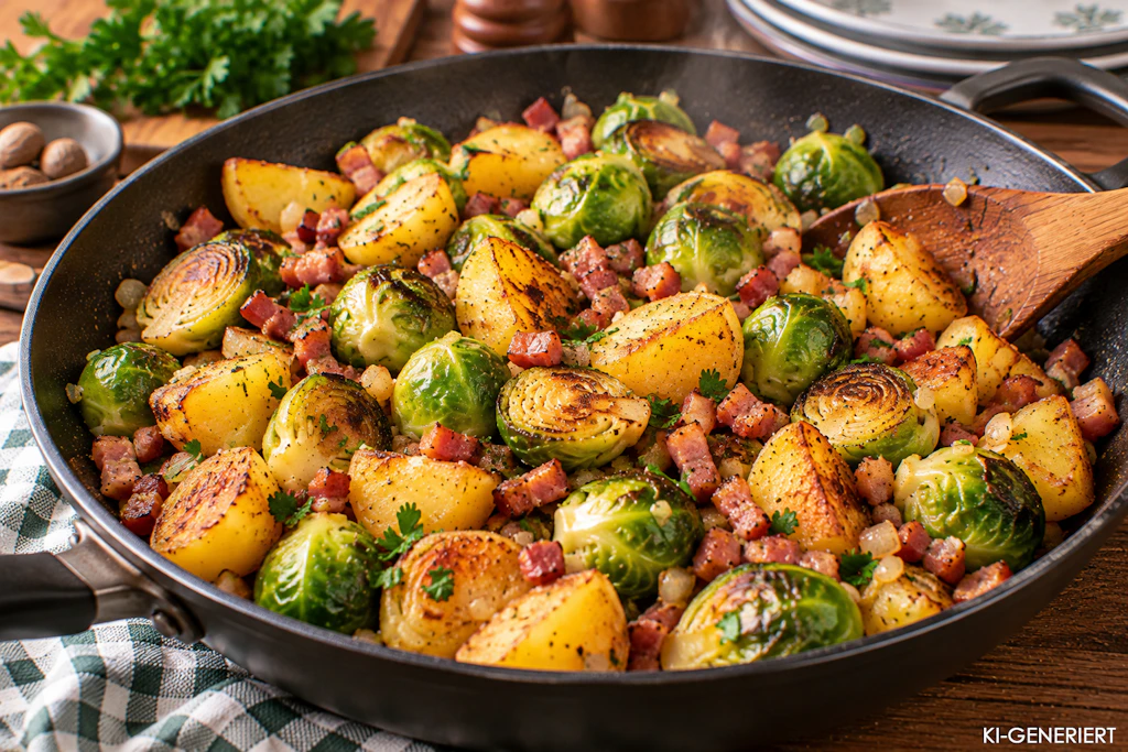 Rezept für Rosenkohl-Kartoffel-Pfanne: Goldbraun gebraten mit Speck
