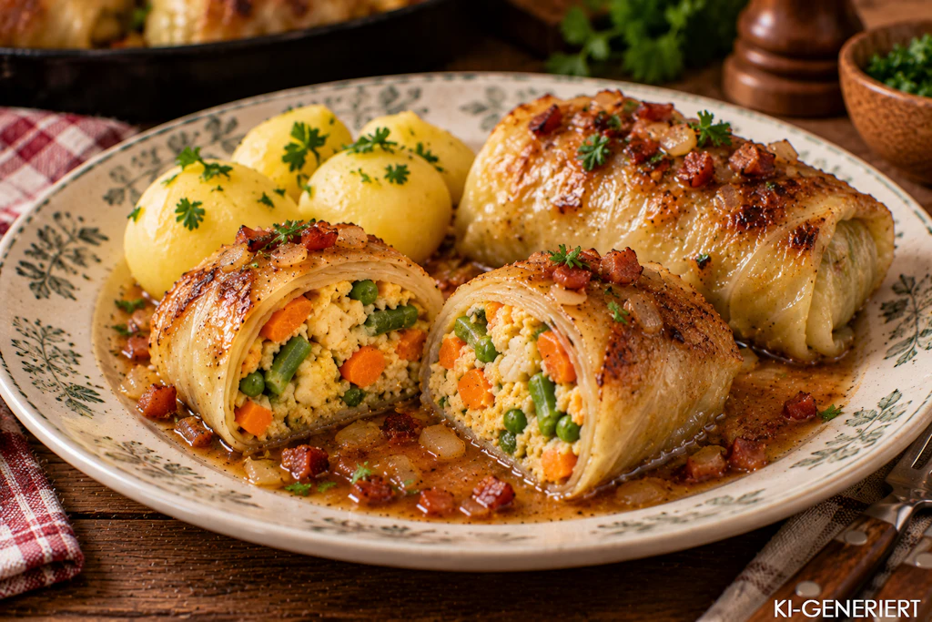 Mit Salzkartoffeln sind die Weißkohlrollen mit Gemüsefüllung ein geniales Gericht, wenn es mal kein Fleisch sein soll.