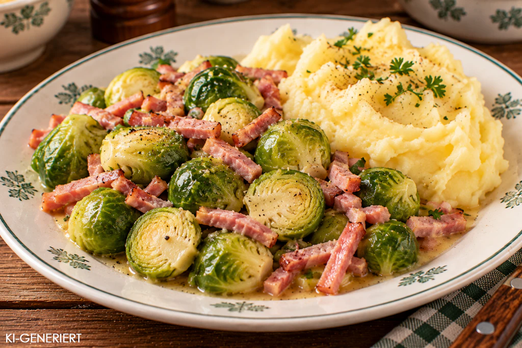 Am besten passt Kartoffelbrei zum Rosenkohl mit Schinken. Die Beilage harmoniert mit dem nussigen Aroma der Röschen.