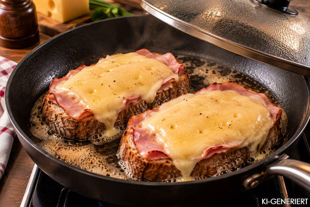 Wichtig für die Faule-Herren-Schnitte: Die Schnitten werden mit Schinken und Käse zuerst in der Pfanne angebraten, damit die Unterseite knusprig wird und der Käse zerläuft.