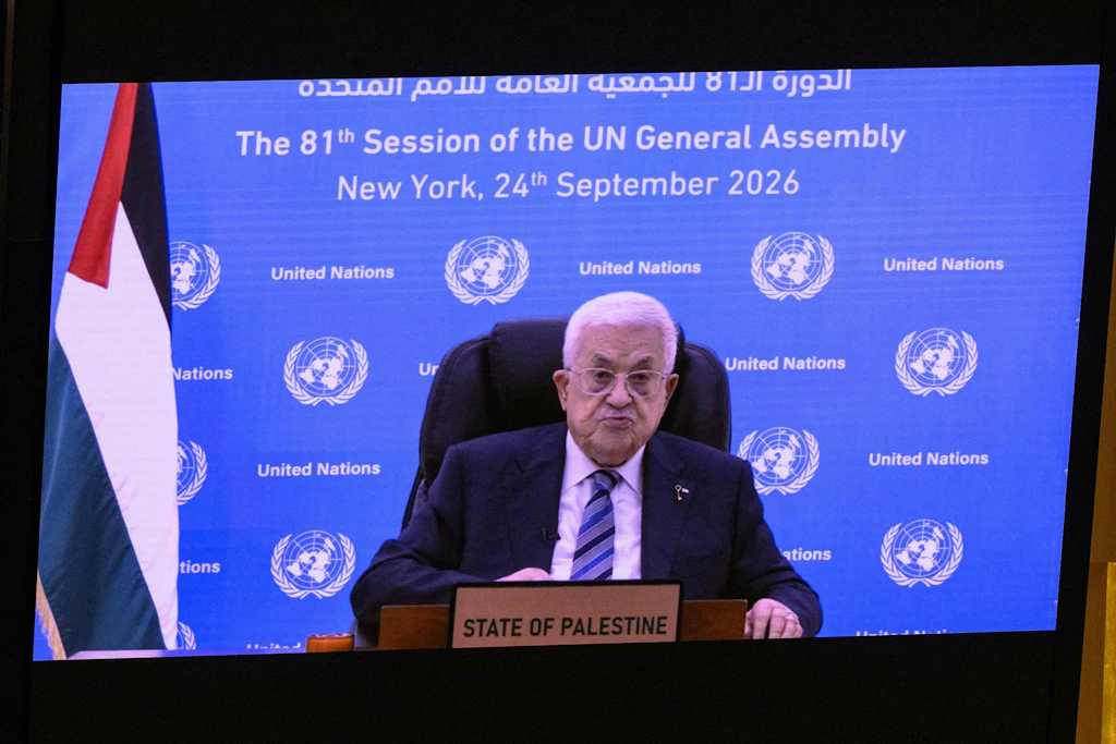 Palästinenserpräsident Mahmoud Abbas spricht per Video vor der UN-Generalversammlung in New York. Die USA hatten ihm die Einreise verweigert.