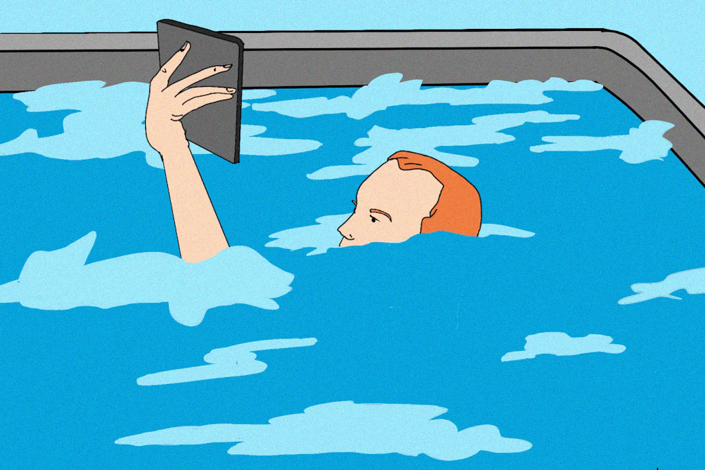 Unerschrocken: Mann mit E-Book-Reader im Pool (Illustration).