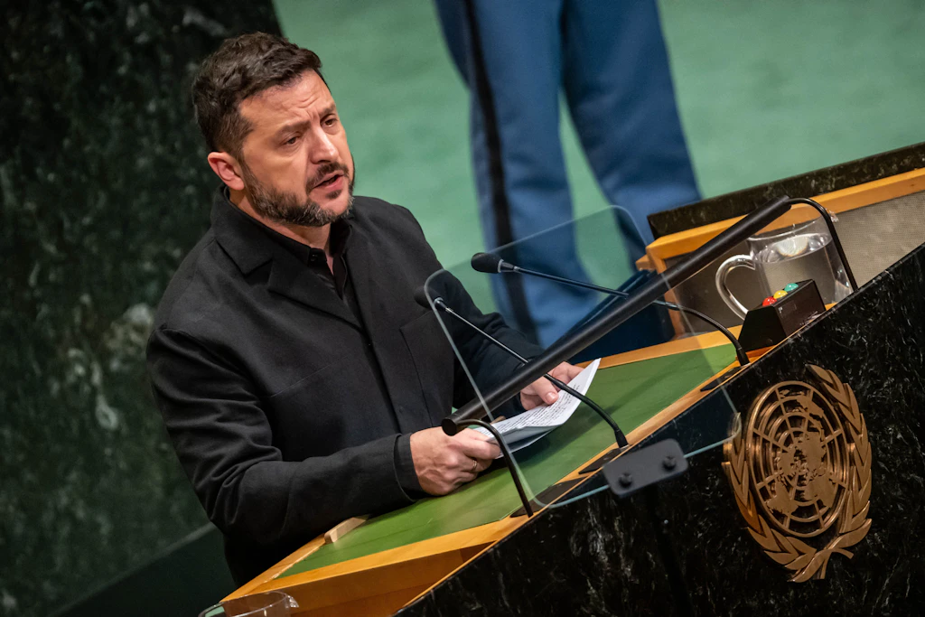 Wolodymyr Selenskyj, Präsident der Ukraine, spricht in der UN Generalversammlung bei den Vereinten Nationen.