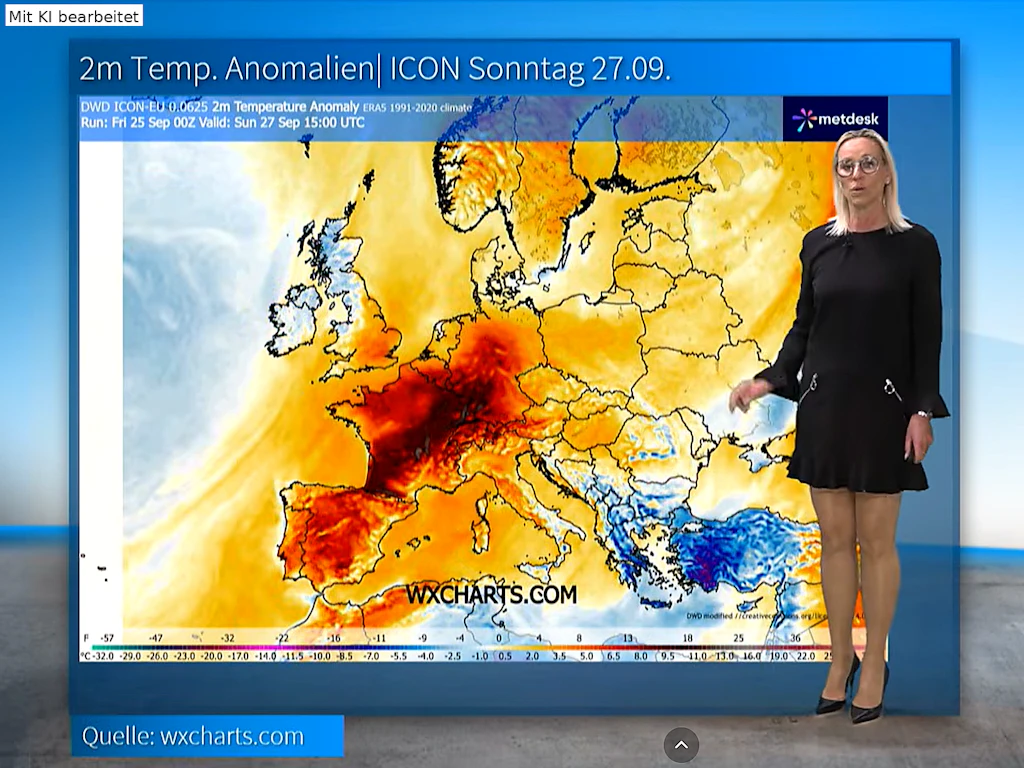 Kathy Schrey von wetter.ner erklärt das Wetter für Sonntag. Der dunkle Fleck ist die Hitze, die in Richtung Deutschland zieht, oben links sieht man in Hellblau das Orkantief vor Irland.
