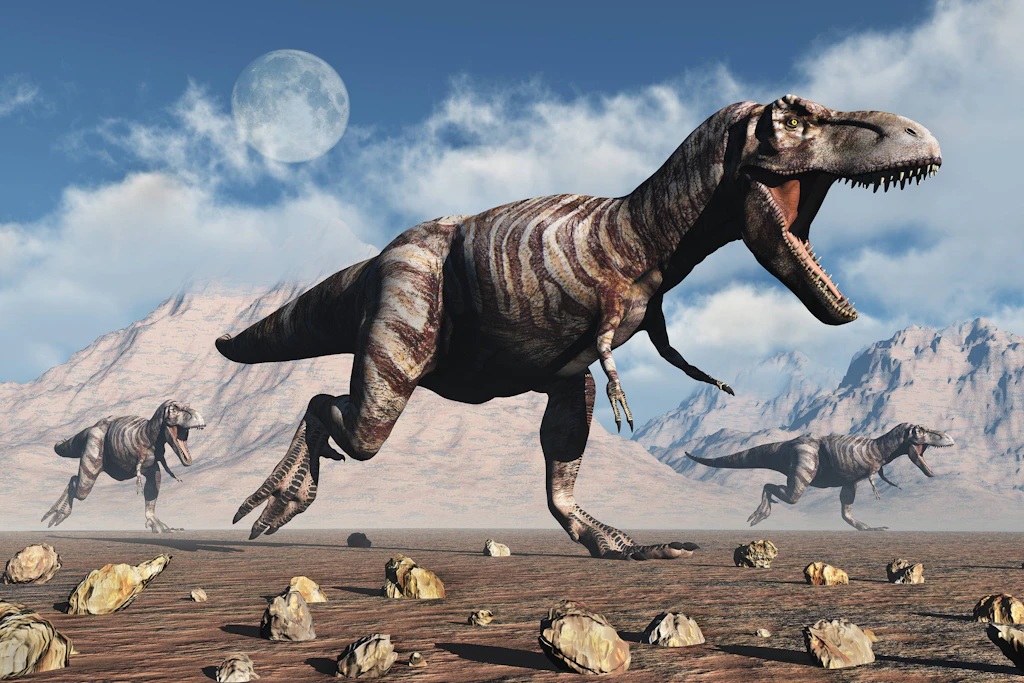 Illustration mehrerer jagender Tyrannosaurus rex in der Kreidezeit. Forschende haben in North Dakota eine fossile Schrittfolge entdeckt, die wahrscheinlich von einem erwachsenen T. rex stammt.