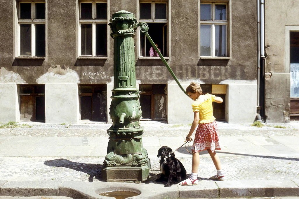 Kind mit Hund an einer Schwengelpumpe am Arkonaplatz im Jahr 1976