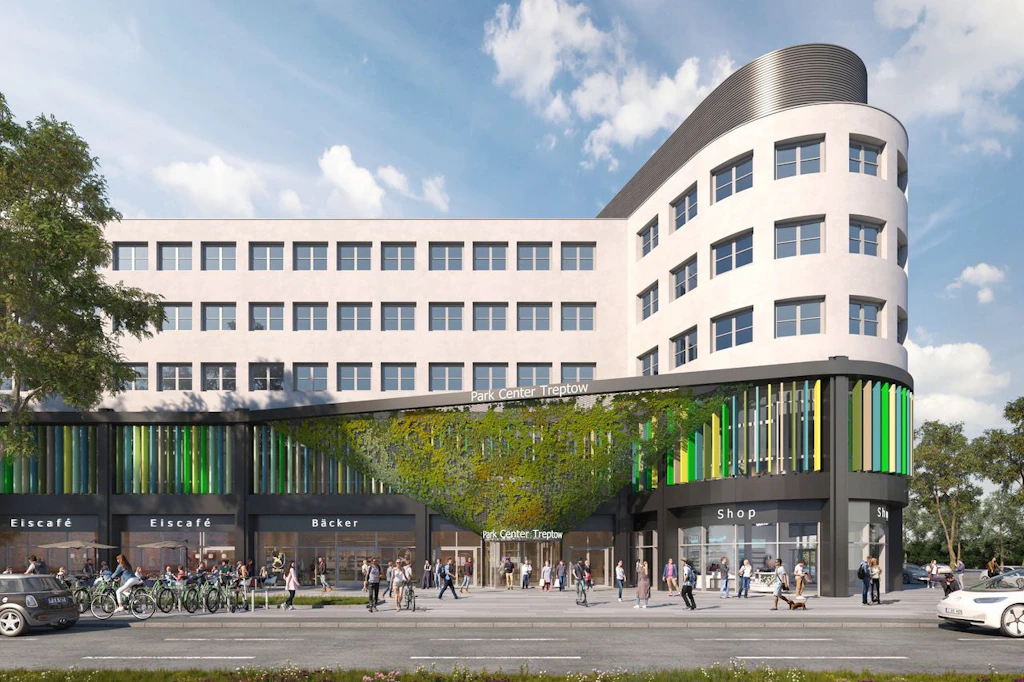 So soll die Fassade des Park Center Treptow in kommenden Jahr aussehen, wenn die Umbauarbeiten abgeschlossen sind.