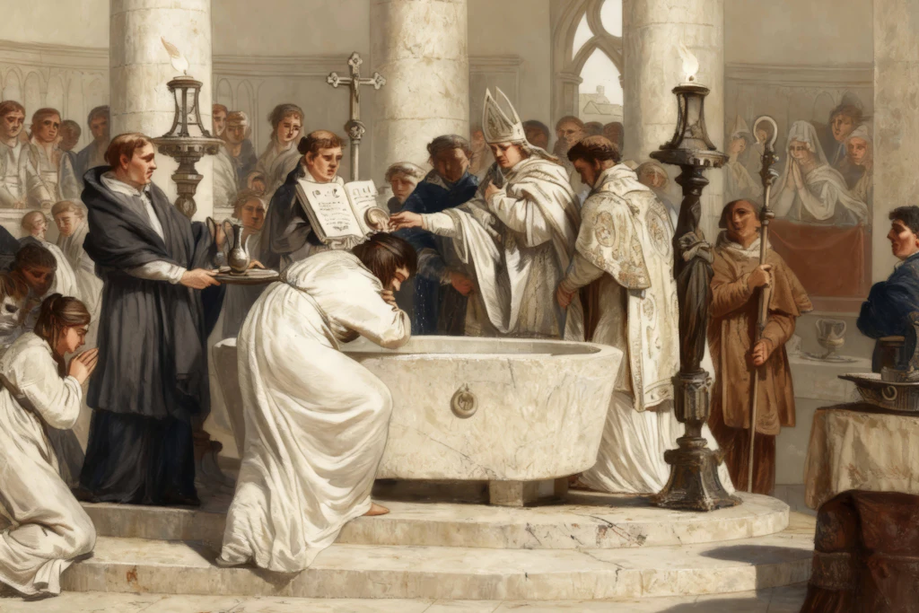 Der Heilige Remigius (circa 436–533) war Bischof von Reims und als „Apostel der Franken“ maßgeblich für die Christianisierung des fränkischen Reichs verantwortlich. Auf diesem Gemälde tauft er Clovis in der Kathedrale von Reims.