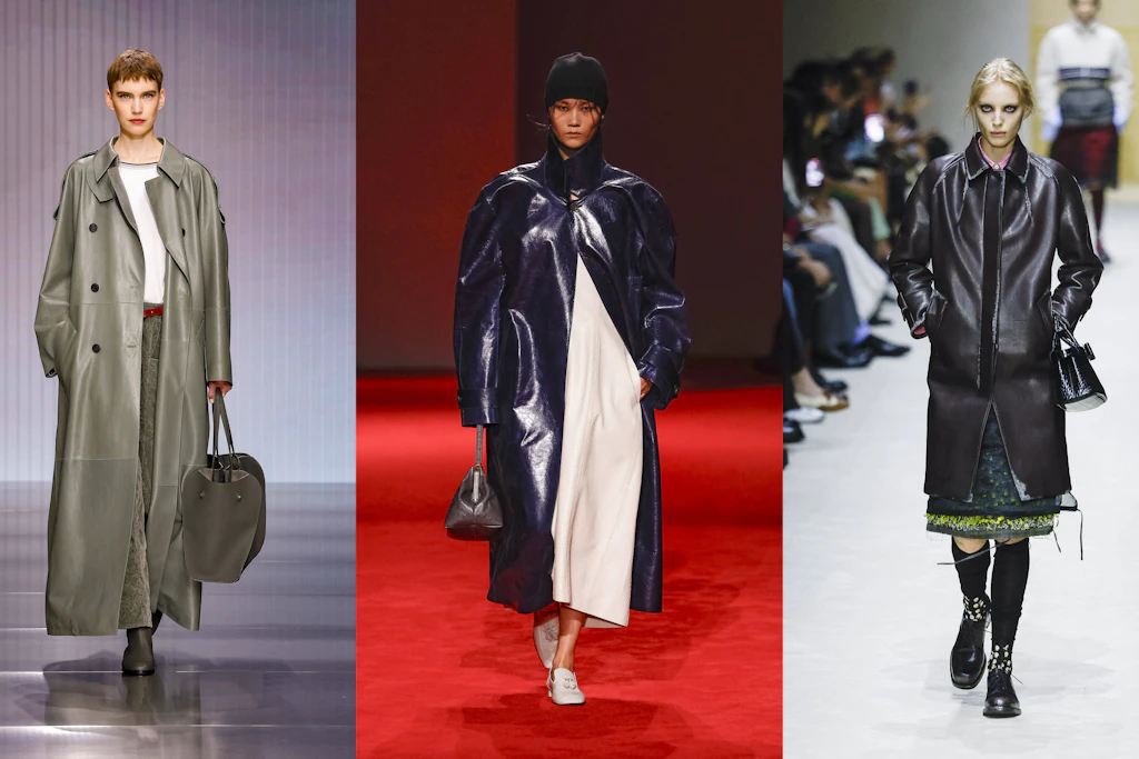 Häuser wie Giorgio Armani, Bottega Veneta und Prada zeigten den Ledermantel in verschiedenen Ausführungen in ihren Kollektionen für die Herbst/Winter-Saison 2026/27.