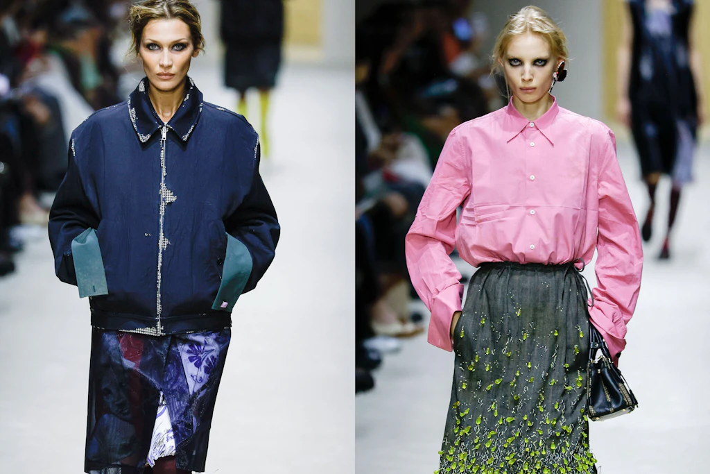Bewusste Imperfektion: Bella Hadid (l.) und ein weiterer Look auf dem Runway der Prada Herbst/Winter-Kollektion 2026 in Mailand.