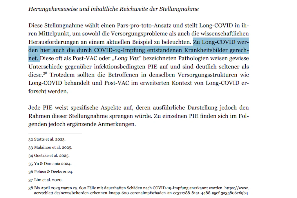 Auszug aus der in der BPK am 1. Oktober 2026 vorgestellten Stellungnahme der Leopoldina: „Zu Long-COVID werden hier auch die durch COVID-19-Impfung entstandenen Krankheitsbilder gerechnet.“