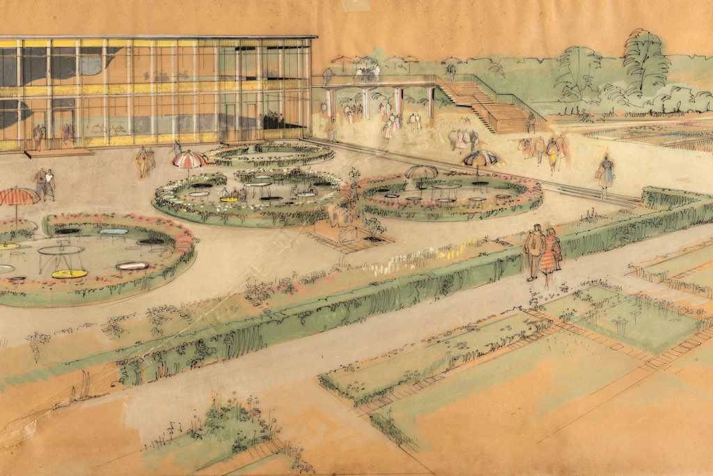 Eine Aquarellskizze von Alfred Pretzsch aus dem Jahr 1959 zeigt den Entwurf des IGA-Geländes.