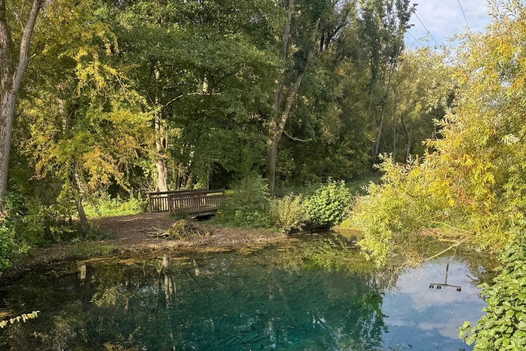 Die charakteristische Blaufärbung des Naturdenkmals „Grundloses Loch“ in Nordhausen-Salza ist wieder gut sichtbar.