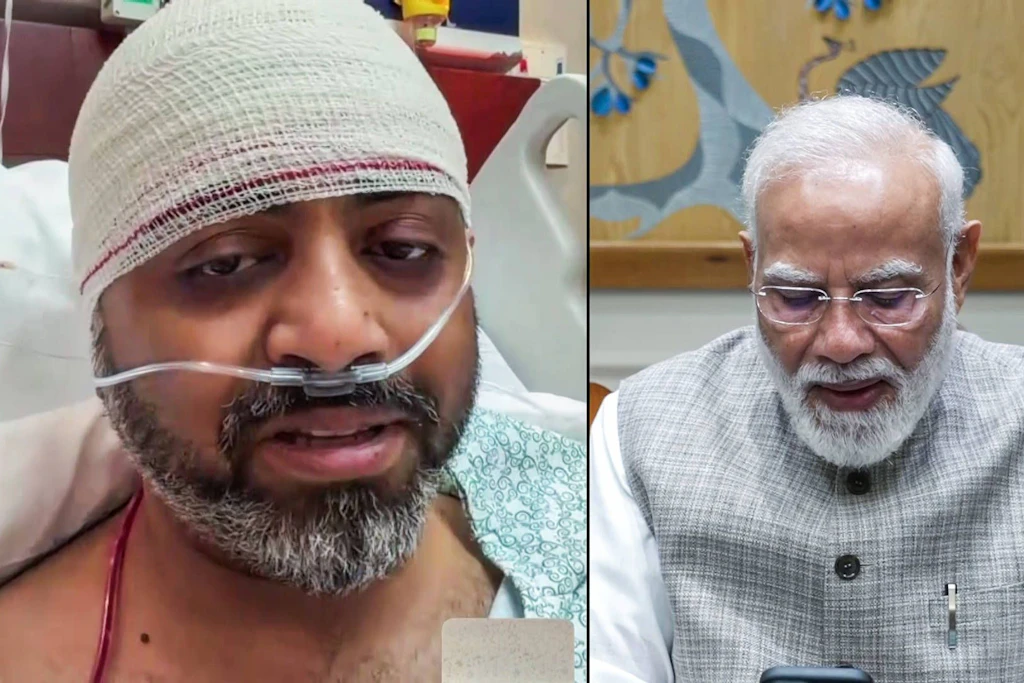 Indiens Premierminister Narendra Modi spricht per Videoschalte mit Kapitän Smit Machchhar. Der Pilot wurde bei dem Angriff an Bord von FZ1073 verletzt und in Saudi-Arabien behandelt.