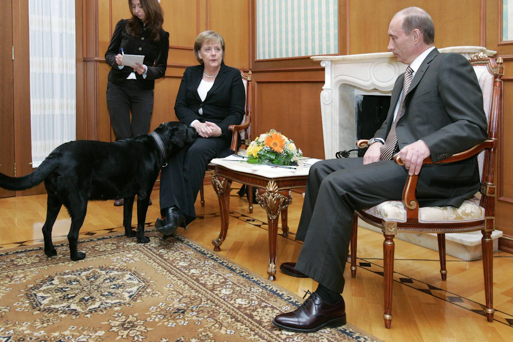 Kleine Geste, große Wirkung: Bei einem Treffen in Sotschi im Januar 2007 lässt Wladimir Putin seine Labradorhündin Koni zu Angela Merkel. Dass die damalige Kanzlerin Angst vor Hunden hat, war bekannt.
