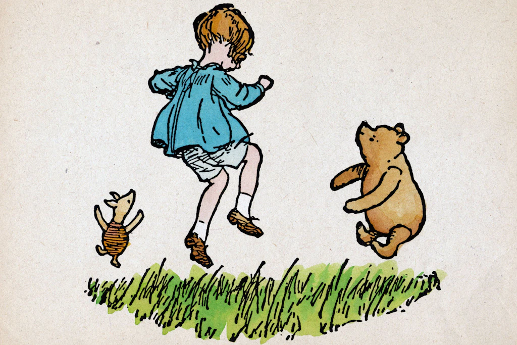 Diese Illustration von Ernest Howard Shepard (1879–1976) zeigt Ferkel, Christopher Robin und Pu den Bären (v.l.)