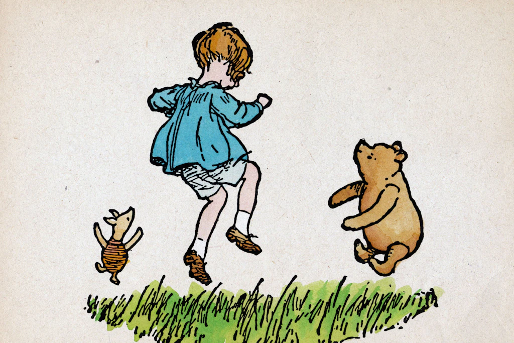Diese Illustration von Ernest Howard Shepard (1879–1976) zeigt Ferkel, Christopher Robin und Pu den Bären (v.l.)