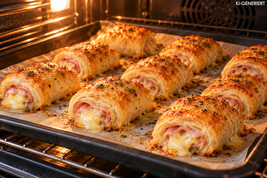 Im Backofen werden die Blätterteigrollen mit Schinken und Käse schön knusprig braun. Das Rezept ist schnell und einfach gemacht und die leckeren Rollen stehen schnell auf dem Tisch.