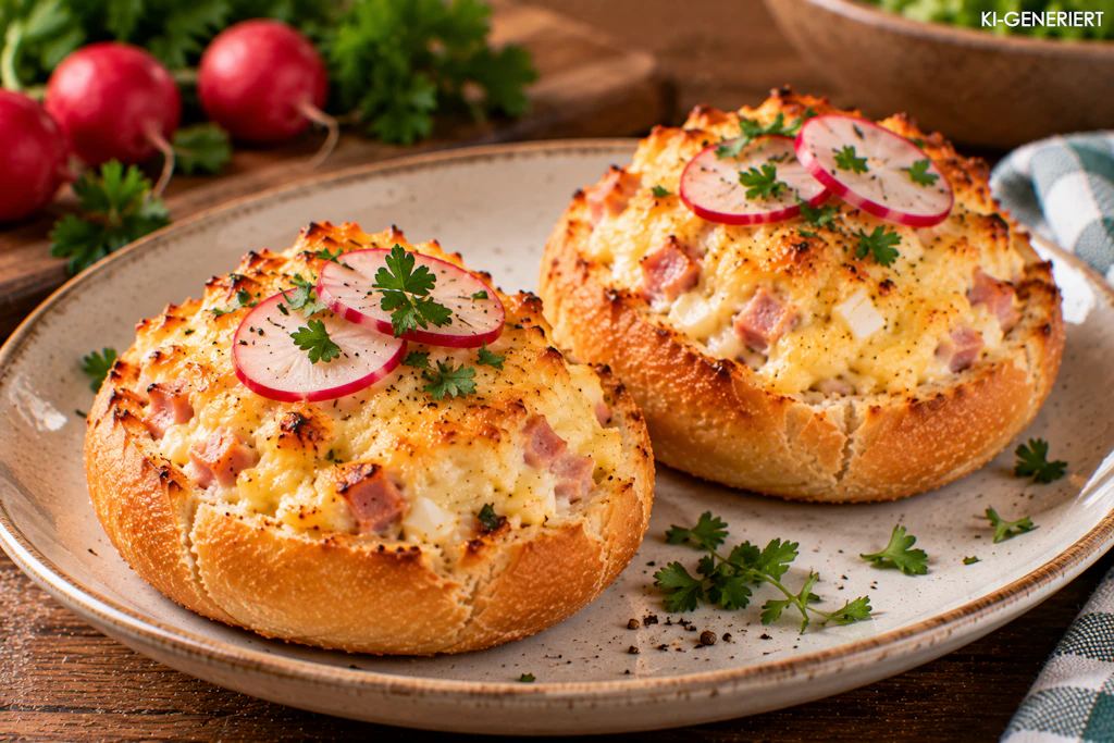 Mit Radieschen und frischen Kräutern geben die überbackenen Mundbrötchen nach unserem Rezept nicht nur ein leckeres Abendbrot ab, sondern auch mal eine echte Besonderheit beim Frühstück!