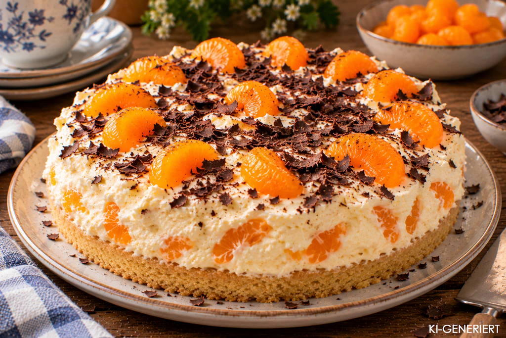 Die Schütteltorte ist einfach, sieht aber trotzdem hübsch aus, wenn man sie mit Schokostreuseln und Mandarinenstückchen dekoriert.