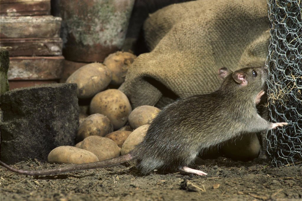 Eine Wanderratte zwischen eingelagerten Kartoffeln: Im Herbst suchen die Nager verstärkt Unterschlupf und Futter in Kellern und Schuppen. (Symbolbild)