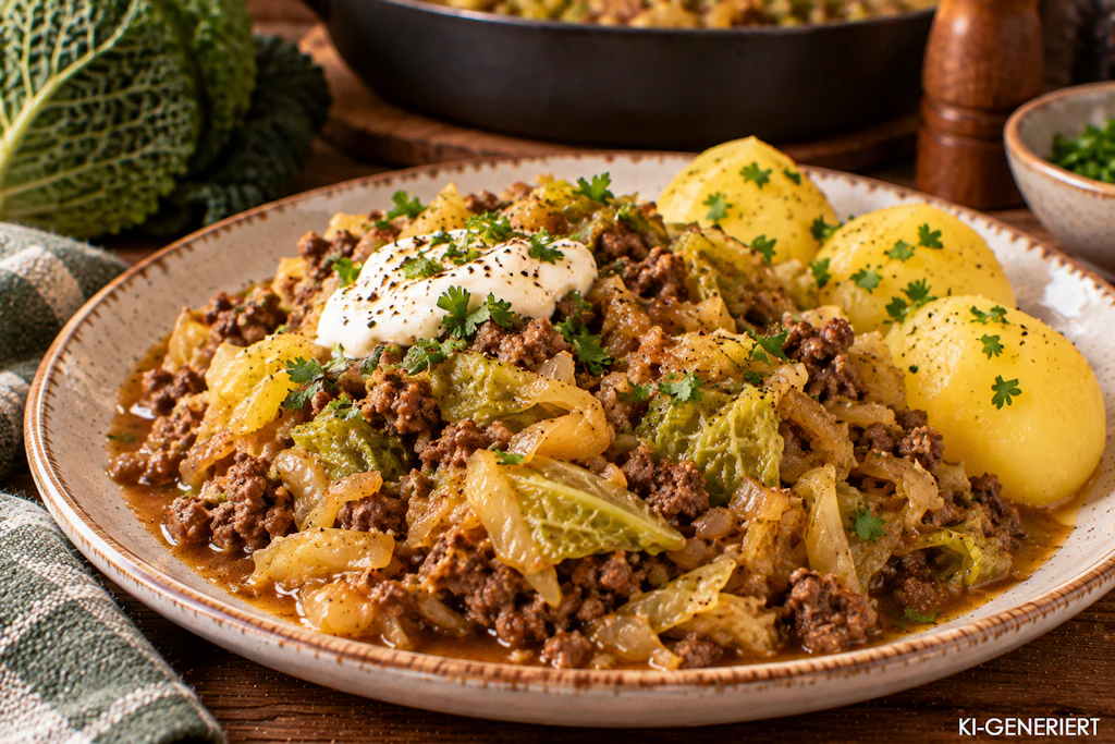 Faule Hausfrau wird am besten mit Kartoffeln serviert. Das Gericht schmeckt im Herbst ganz besonders gut.