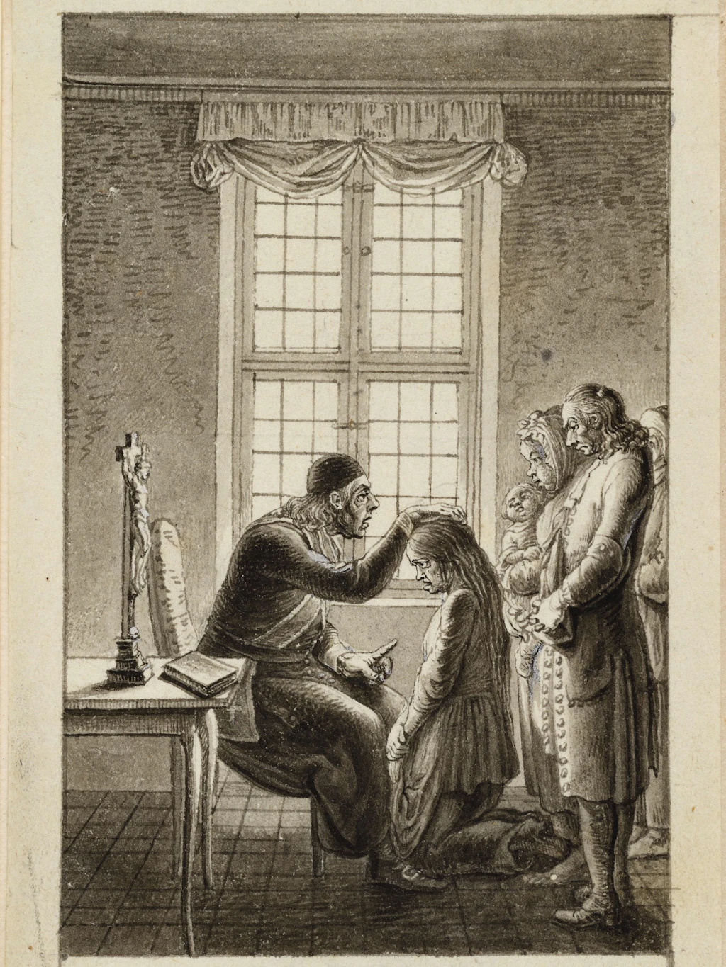 „Pater Gassner und die Exorzierung eines Mädchens“, 1790, Pinselzeichnung (aus „Taschenbuch der Aufklärung“)
