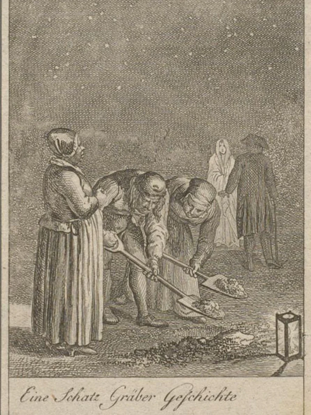 Illustration „Eine Schatz Gräber Geschichte des Mode-Thorheiten-Druckbogens“, 1788. Aus: Berliner genealogischer Kalender auf das Jahr 1789, Radierung