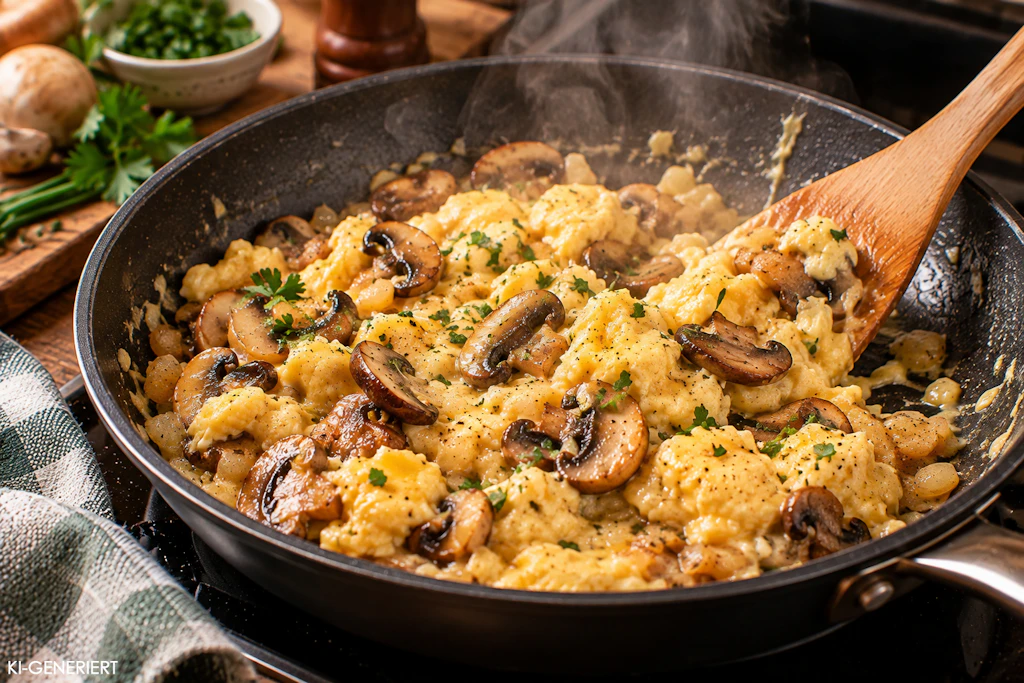Das Rührei mit angebratenen Pilzen ist schnell zubereitet - das leckere Förster-Frühstück steht in Nullkommanichts auf dem Tisch. Dieses Rezept sollten Sie sich abspeichern.