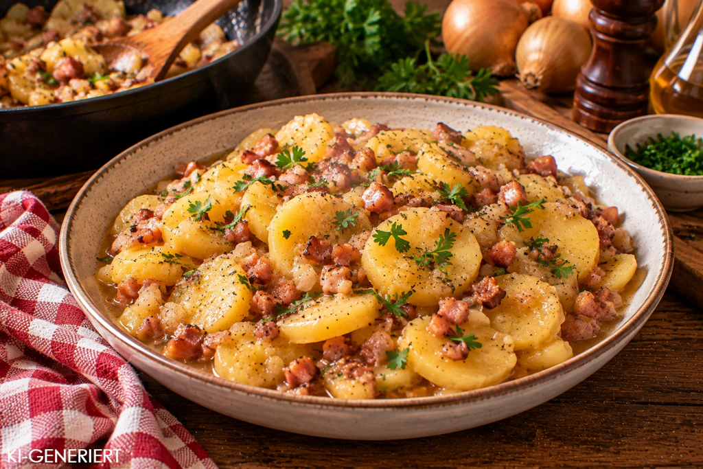 Den warmen Kartoffelsalat können Sie als Beilage zu allen möglichen Fleischgerichten genießen, aber Sie können ihn gerade im Herbst natürlich auch einfach so essen. Guten Appetit!