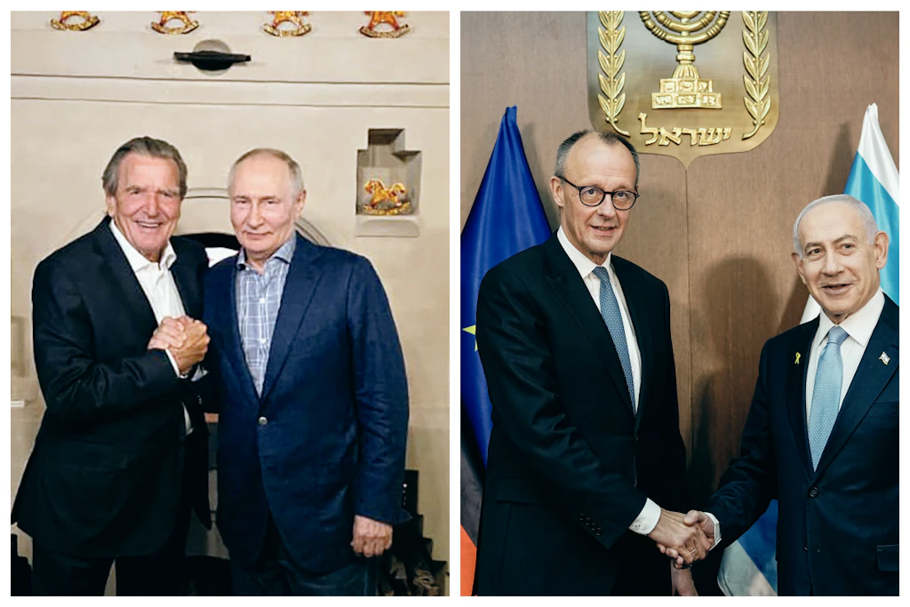 Altkanzler Gerhard Schröder mit Wladimir Putin am 7. Oktober 2026. Rechts: Bundeskanzler Friedrich Merz mit Benjamin Netanjahu bei seinem Antrittsbesuch in Jerusalem am 7. Dezember 2025.