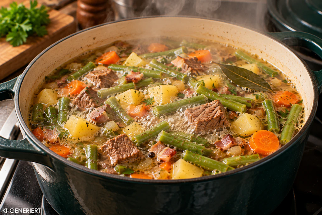 Wenn der Bühneneintopf in der Küche köchelt, verbreitet sich schnell der kräftige Duft des Bohnenkrauts in der Küche. Da wächst der Appetit auf das Süppchen!