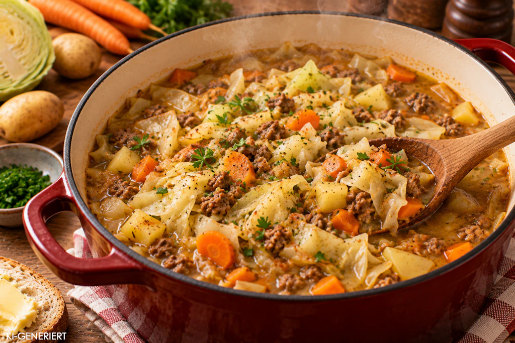 Der Weißkohleintopf ist keine dünne Kohlsuppe, im Gegenteil. Möhren, Kartoffeln und natürlich angebratenes Hackfleisch machen ihn zu einem richtig deftigen Essen.