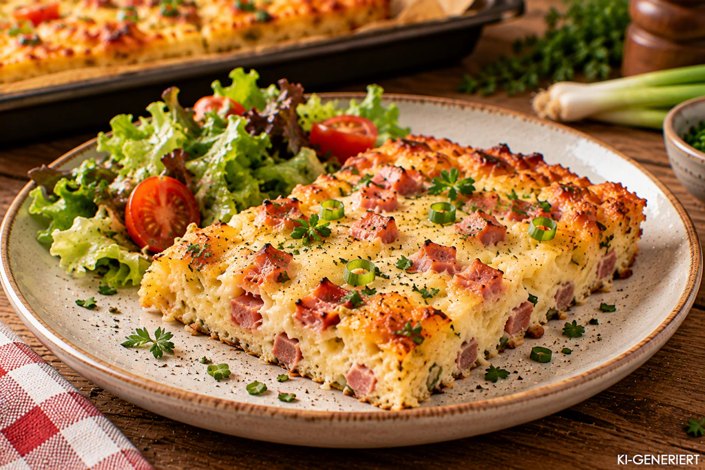 Ob zum Frühstück oder zum Abendbrot: Dieses Rezept für Ofenpfannkuchen mit Schinken und Käse ist wirklich ein Genuss!