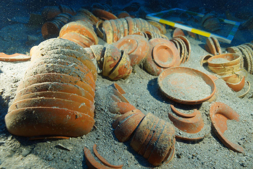 Antike Keramikladung auf dem Meeresgrund. Vor der Insel Kekova in der Türkei fanden Archäologen mehr als 30 Amphoren aus der Frühbronzezeit, einige noch mit Resten ihres Inhalts. (Symbolbild)