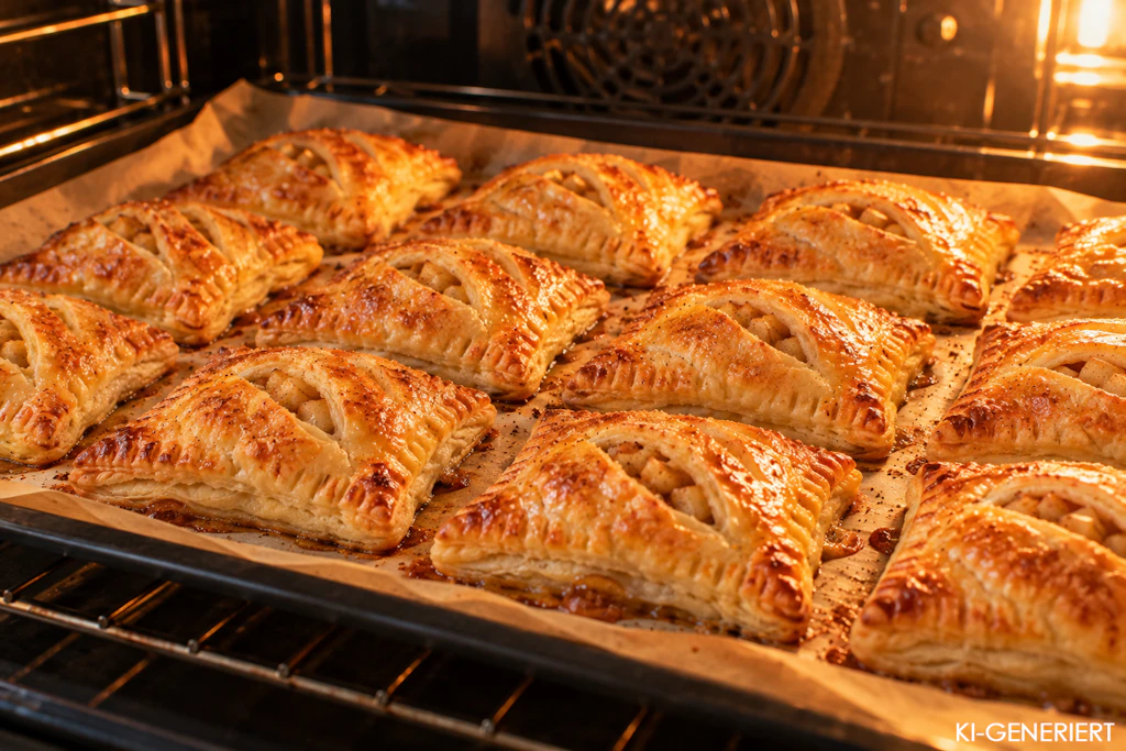 Die Apfeltaschen werden im Backofen knusprig braun. Das Rezept ist sehr einfach und wird Ihnen das Wochenende garantiert versüßen!