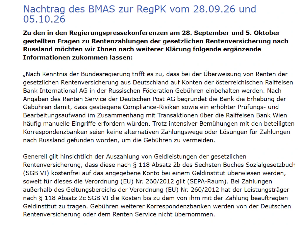 Auszug aus der Nachreichung des Arbeitsministeriums: „Nach Kenntnis der Bundesregierung trifft es zu ...“