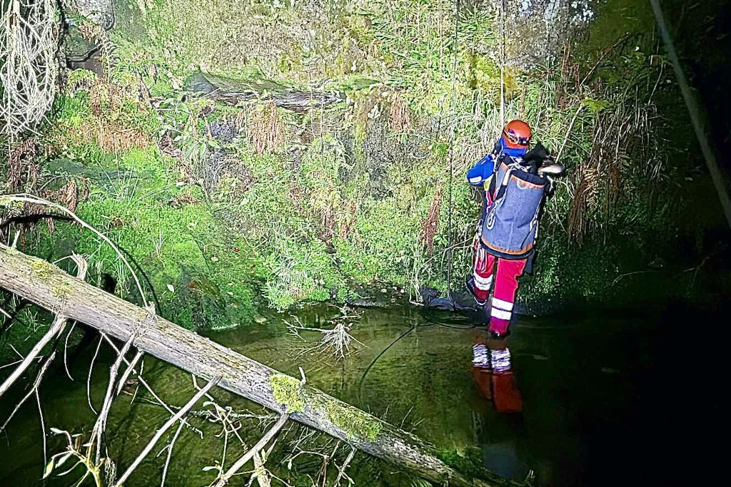 Im Rucksack eines Bergretters wurde der Hund aus dem engen Tal geborgen.